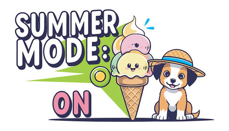 Cute puppy wearing sun hat, colorful ice cream scoops, summer mode on lettering design, seasonal.