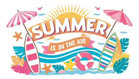 Summer is in the air banner with beach elements, sun, umbrellas, surfboards, starfish, and leaves.