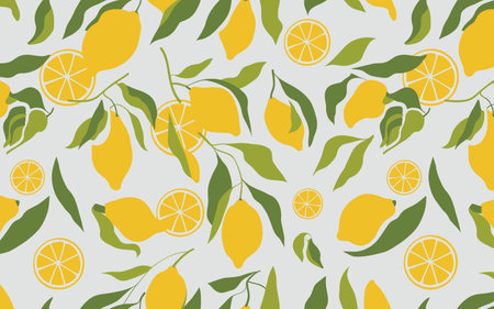 Summer fruit backdrop, mediterranean lemon tree branches, fresh citrus garden illustration.
