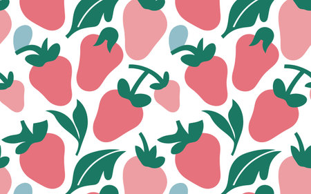 Cute strawberry pattern, pink fruit, green leaves, summer vibes, fresh design, abstract background.