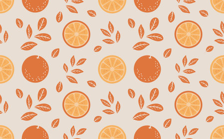 Orange fruit pattern with whole and sliced oranges, green leaves. Fresh healthy citrus food.