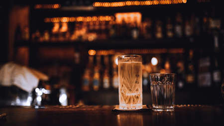 Drinks in a retro bar are on the bar counterの写真素材