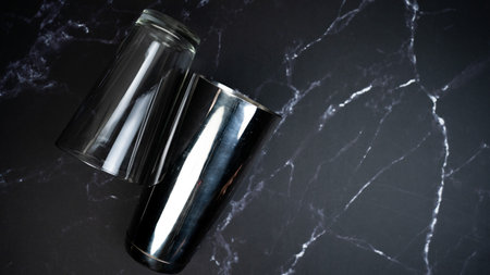 Boston shaker on black marble backgroundの写真素材