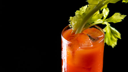 Bloody Mary cocktail with celery and ice on a black backgroundの写真素材