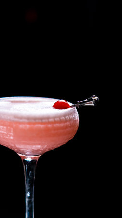 Cocktail with cherry on a black backgroundの写真素材