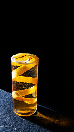 Refreshing drink with lemon and ice on a black background.の写真素材