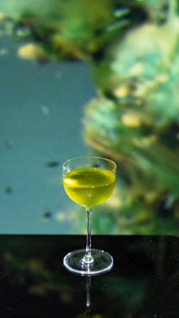 Cocktail in a glass on a background of green plants.の写真素材