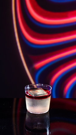cocktail in the bar on a dark background with red and blue stripesの写真素材