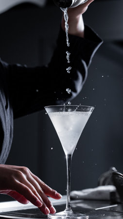 Close-up of female barman's hand pouring water into martini glassの写真素材