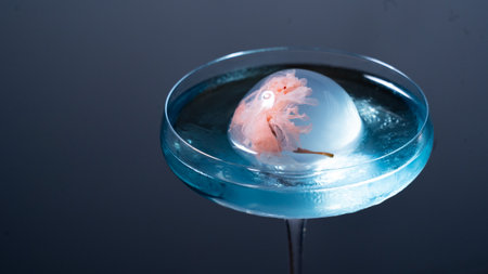 Raindrop cake in a martini glass on a dark backgroundの写真素材