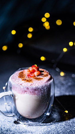 Strawberry tiramisu in a glass on a black backgroundの写真素材