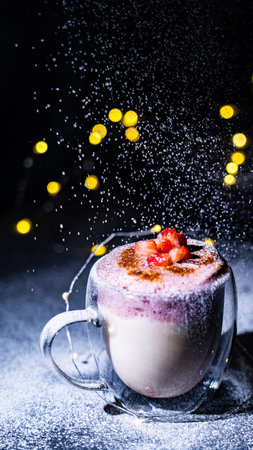 Christmas hot chocolate with whipped cream and fresh berries on a black backgroundの写真素材