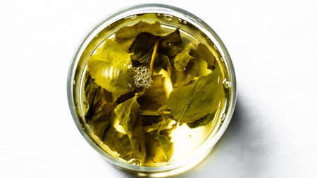 Dry tea leaves in a glass bowl on a white background.の写真素材