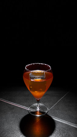 Cocktail with ice cubes in a glass on a black backgroundの写真素材