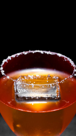 Cocktail with ice cubes on black backgroundの写真素材
