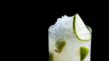 Cocktail with lime and ice on a black backgroundの写真素材