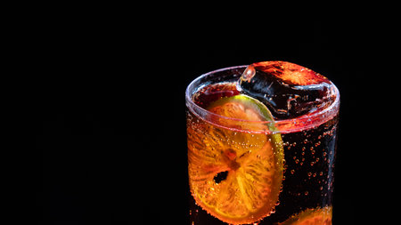 A glass of classic Cuba Libre cocktail on a black backgroundの写真素材