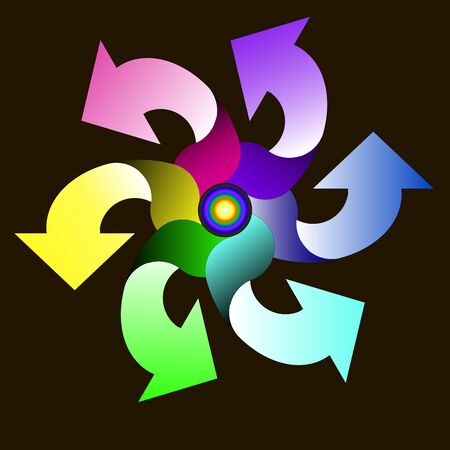 Arrows in a circle of six colors on a black background, twisted, glowingのイラスト素材