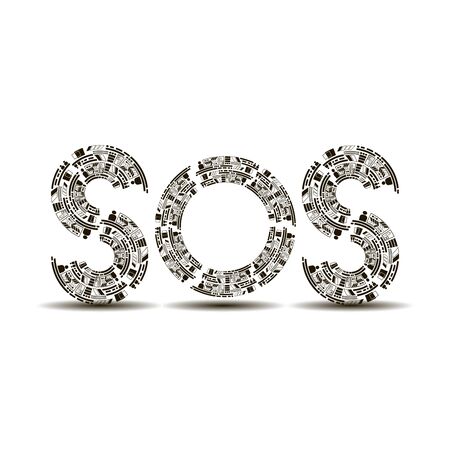 SOS recruited from black geometric shapes on a white background