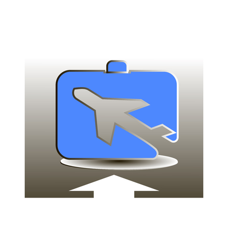 Blue suitcase with airplane pattern and arrow on black-and-white backgroundのイラスト素材