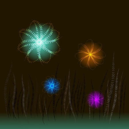Flora digital on a dark background with zero and a unit in the form of grass and luminous ballsのイラスト素材