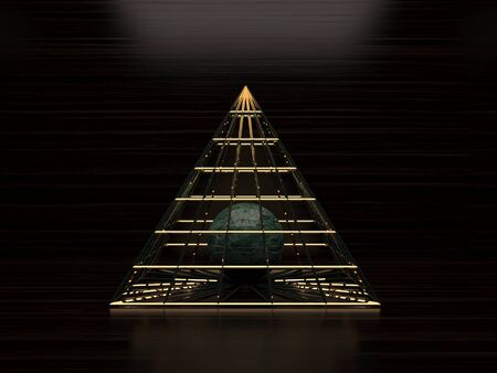 golden pyramid inside a marble ball on a dark backgroundの写真素材