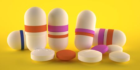 Capsules and pills for colds, white and color on a yellow background