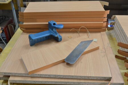 Edging for furniture components chipboard, knife, PVC edge, hand of the master