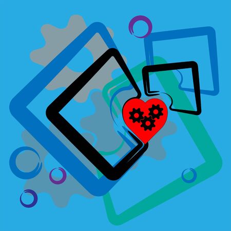 Red heart with black gears inside and abstract figures around onのイラスト素材