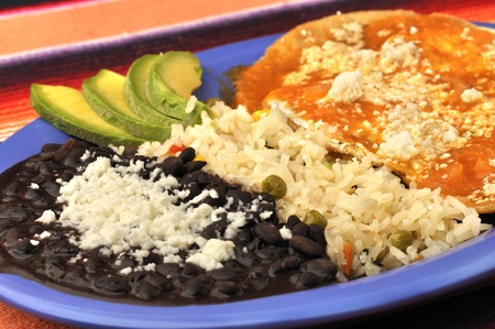 Eggs, tortilla, rice and beans on breakfast plate