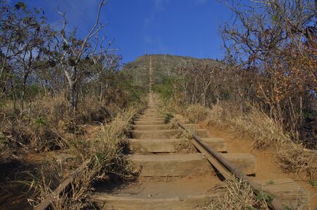 Dusty cart track going up Koko crater in Oahu, Hawaii