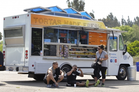SAN DIEGO, CALIFORNIA - JUNE 15, 2013: A catering truck serving Mexican food is parked in the Qualcomm Stadium in San Diego to serve the participants of the Alpha Warrior competition on June 15, 2013のeditorial素材