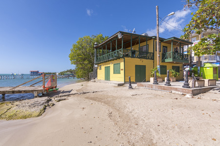 BOQUERON, PUERTO RICO, USA - JANUARY 17, 2014: A beautiful beach and turquoise bay can be enjoyed behind Los Remos restaurant in the beach town of Boqueron on Puerto Ricoのeditorial素材