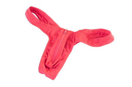 Red zipper male thong underwear isolated on whiteの写真素材
