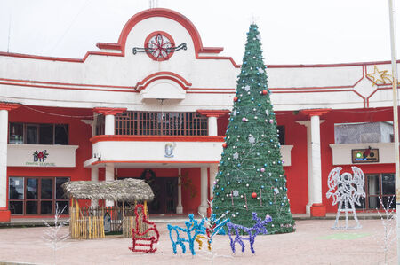 CHAPULTENANGO, CHIAPAS, MEXICO - DECEMBER 19, 2014: Traditional Christmas decorations are neatly on display in front of the city hall in the rural town of Chapultenango in the state of Chiapasのeditorial素材