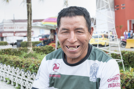 PICHUCALCO, MEXICO - DECEMBER 21, 2014: Tooth decay is a serious and common problem among the indiigenous populations in Mexico, as is evident in the smile of this indigenous manのeditorial素材
