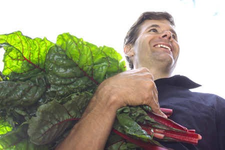 Low angle closeup of handsome Caucasian man smiling while carrying armful of fresh picked red Swiss chard leavesの写真素材
