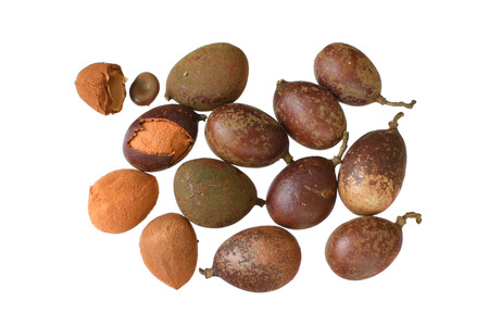 Closeup of several fresh Dialium guianense guapaque fruit in shell and without shell isolated on white backgroundの写真素材