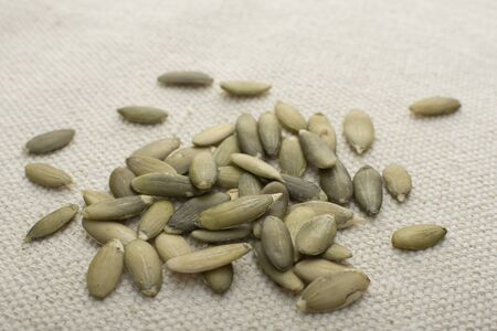 Macro closeup pile of fresh raw pumpkin seeds on white fabricの写真素材