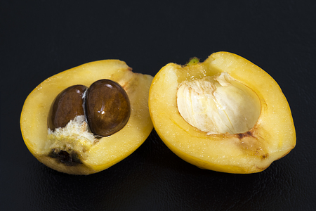 Closeup large ripe Eriobotrya japonica loquat fruit cut in half revealing shiny seeds on black backgroundの写真素材
