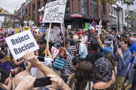 SAN DIEGO, USA - MAY 27, 2016: Hundreds of protesters gather in the gaslamp area to display their thoughts about Donald Trump's presidential campaign at an anti-Trump demonstration.のeditorial素材