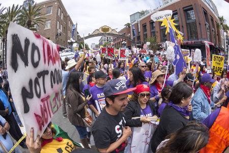 SAN DIEGO, USA - MAY 27, 2016: Hundreds of union workers make their voices heard by protesting outside a Trump rally at the San Diego Convention Center.のeditorial素材
