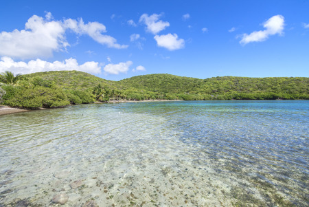 Calm shallow water of Melena Bay with rolling green hills on Isla Culebra in Puerto Rico under sunny blue skyの写真素材
