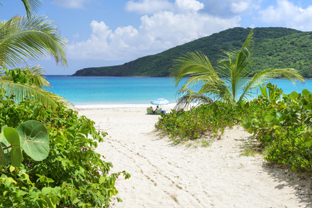 Beautiful scenic Flamenco Beach with white sand and clear blue water on Caribbean island of Isla Culebra in Puerto Ricoの写真素材