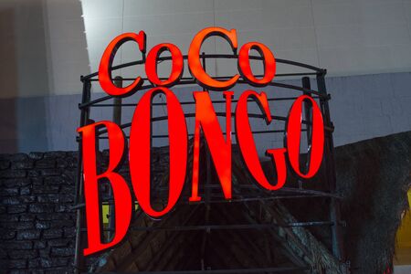 CANCUN, MEXICO - MARCH 1, 2017: The vivid bright red Coco Bongo sign clearly marks the landmark nightclub in Cancun's party zone.のeditorial素材