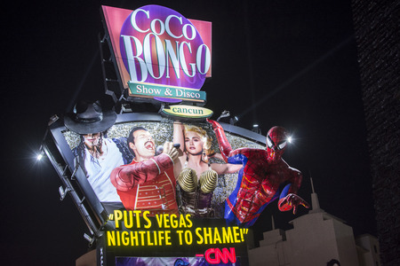 CANCUN, MEXICO - MARCH 1, 2017: The lively Coco Bongo billboard in Cancun's party zone convincingly promotes their high quality entertainment.のeditorial素材