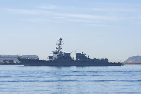 SAN DIEGO, CALIFORNIA, USA - OCTOBER 16, 2017: The USS Rafael Peralta (DDG-115), a highly advanced guided-missile destroyer, returns to San Diego after undergoing testing at the Point Mugu Test Range.のeditorial素材