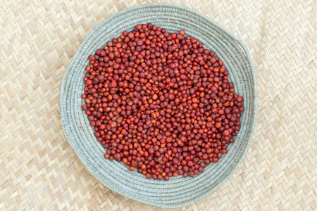 High angle view of primitive harvest basket of manzanita berries on woven palm matの写真素材