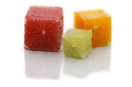 Citrus fresh fruits in square shape isolated on white backgroundの写真素材