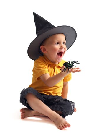 Spider hunting. Isolated image of black spider and small cute boy in witch hatの写真素材